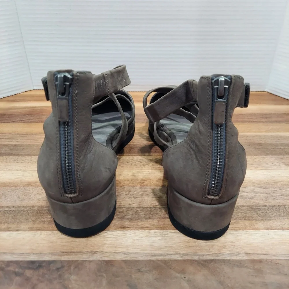 Eileen Fisher Wedge Sandals Women's 10 Gray Leather Strappy Pointed Toe Zip Back